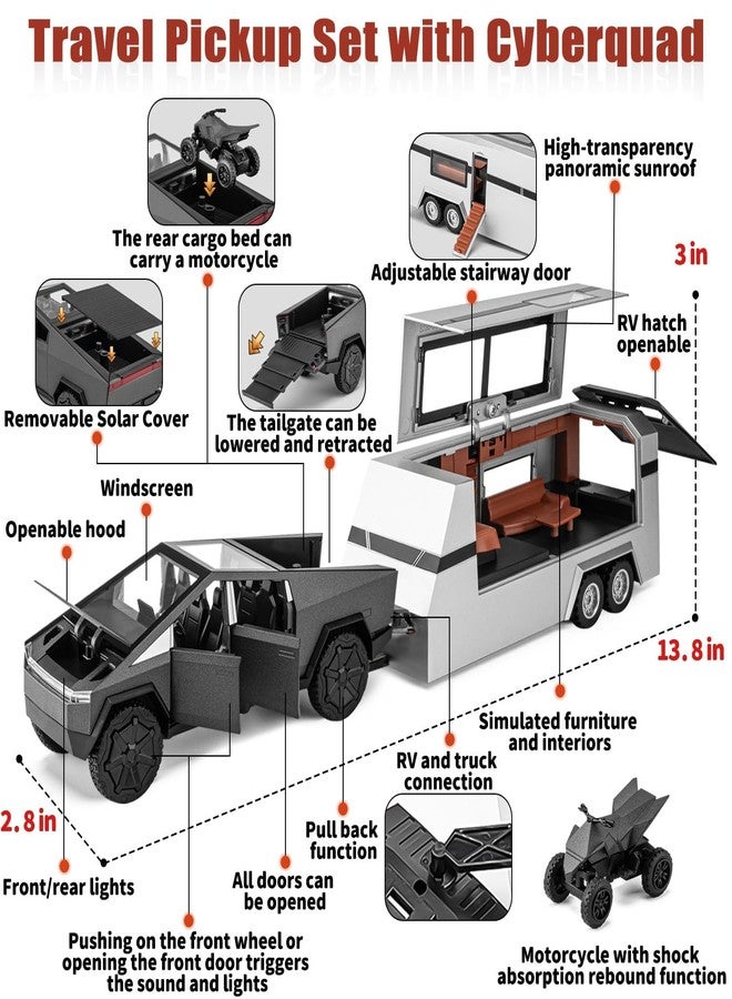 RAHU Cybertruck Toy for Kids, Pickup Truck with RV Moto carycle Cybertquad Model Cars Model Car, 1/32 Toy Truck and Trailer with Sound/Light/, Ideal Gift for Boys Aged 6 and Up (Grey) - Image 2